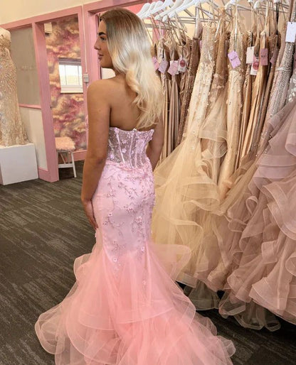 Romantic Light Pink Sweetheart Mermaid Prom Dress With 3D Floral Lace Appliques & Ruffled Tulle Hem AD845