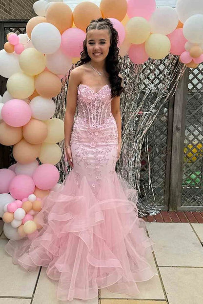 Romantic Light Pink Sweetheart Mermaid Prom Dress With 3D Floral Lace Appliques & Ruffled Tulle Hem AD845