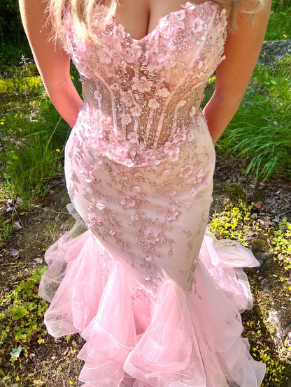 Romantic Light Pink Sweetheart Mermaid Prom Dress With 3D Floral Lace Appliques & Ruffled Tulle Hem AD845