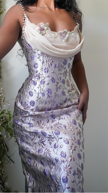 Elegant Lavender Beaded Spaghetti Straps Mermaid Prom Dress With Draped Cowl Neck And Floral Pattern AD846