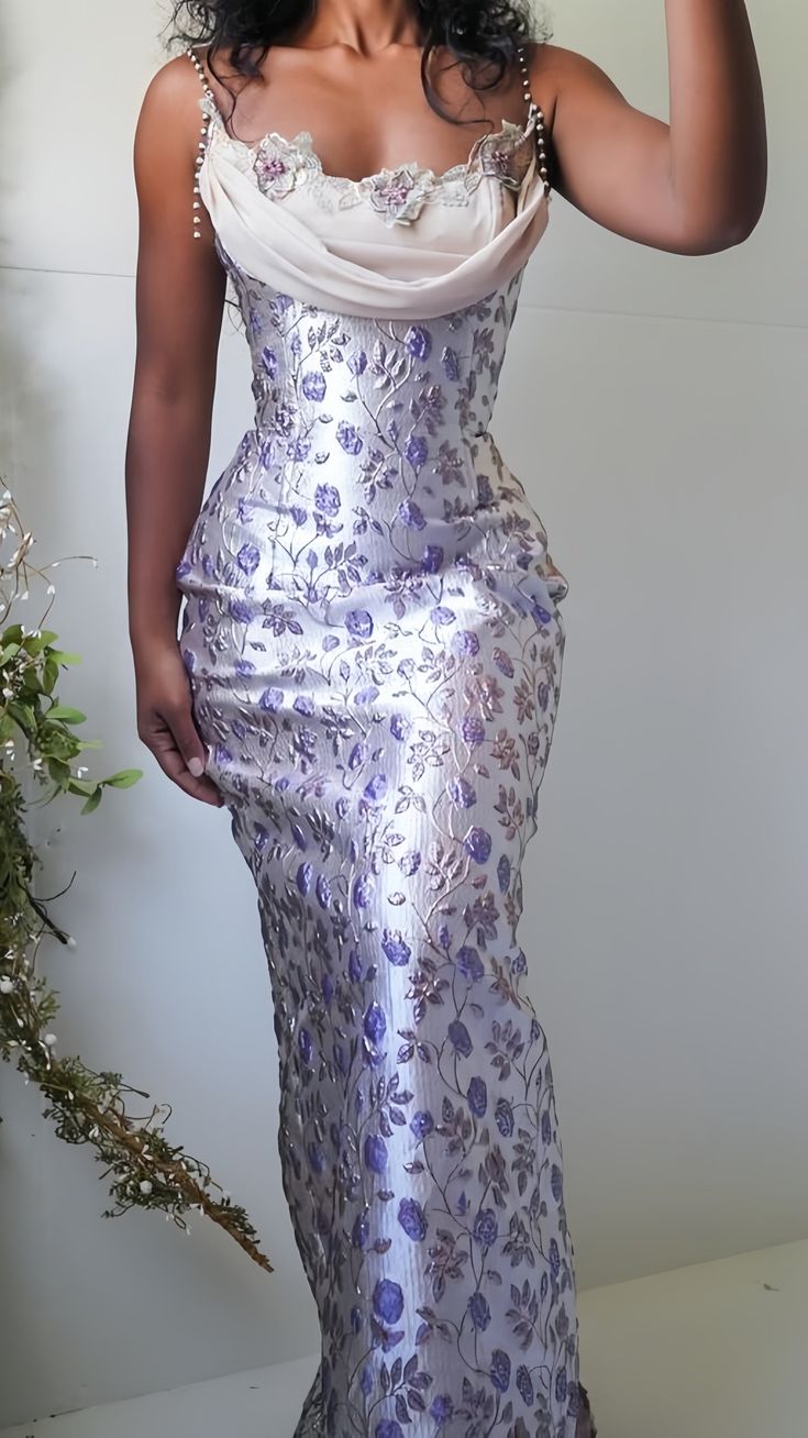 Elegant Lavender Beaded Spaghetti Straps Mermaid Prom Dress With Draped Cowl Neck And Floral Pattern AD846