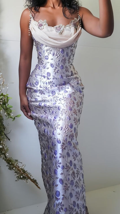 Elegant Lavender Beaded Spaghetti Straps Mermaid Prom Dress With Draped Cowl Neck And Floral Pattern AD846