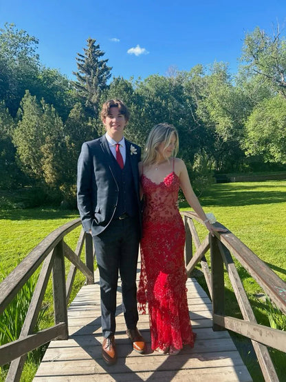 Sexy Red Spaghetti Straps Mermaid Long Party Prom Dress With Beaded Floral Lace Appliques AD847