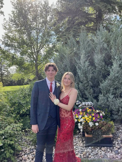 Sexy Red Spaghetti Straps Mermaid Long Party Prom Dress With Beaded Floral Lace Appliques AD847