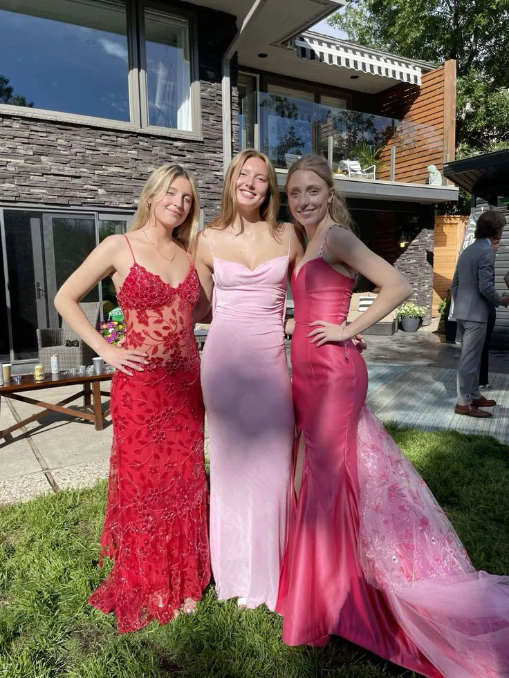 Sexy Red Spaghetti Straps Mermaid Long Party Prom Dress With Beaded Floral Lace Appliques AD847