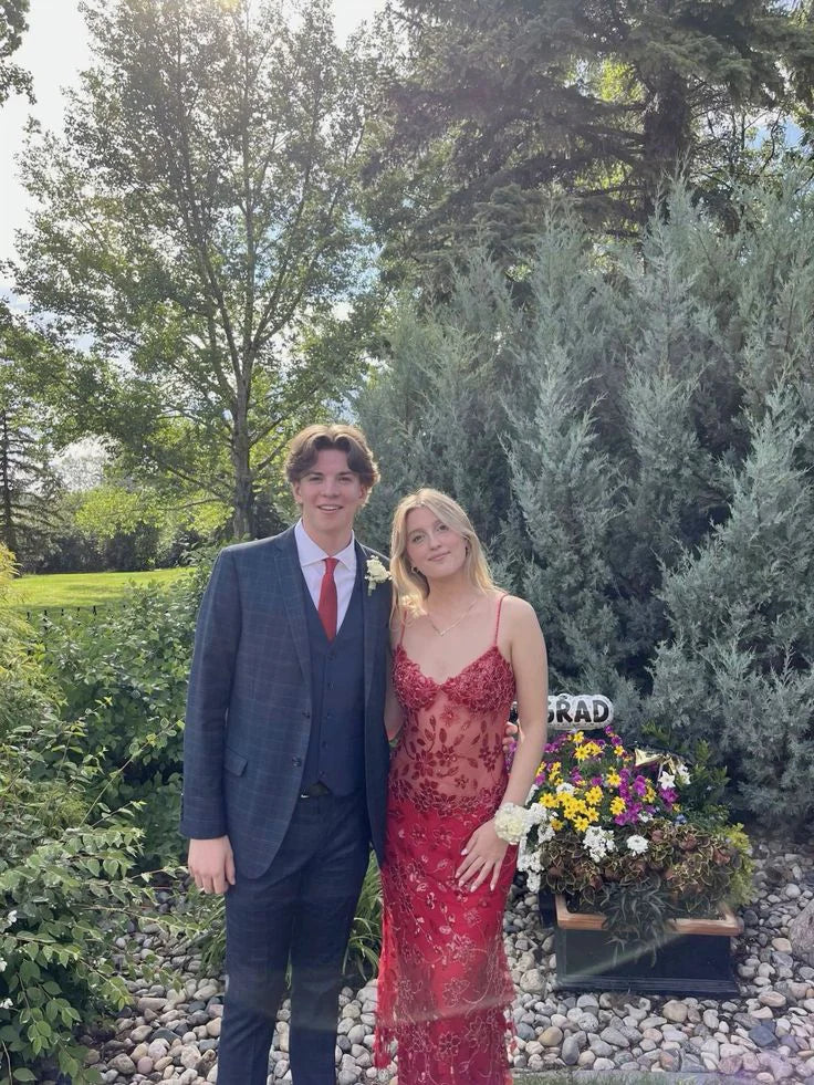 Sexy Red Spaghetti Straps Mermaid Long Party Prom Dress With Beaded Floral Lace Appliques AD847