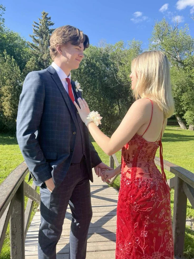 Sexy Red Spaghetti Straps Mermaid Long Party Prom Dress With Beaded Floral Lace Appliques AD847