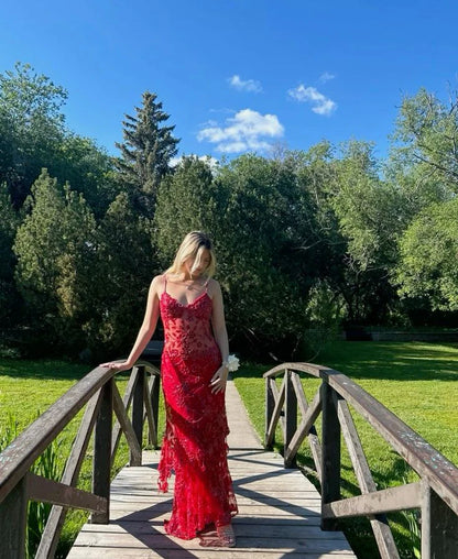 Sexy Red Spaghetti Straps Mermaid Long Party Prom Dress With Beaded Floral Lace Appliques AD847