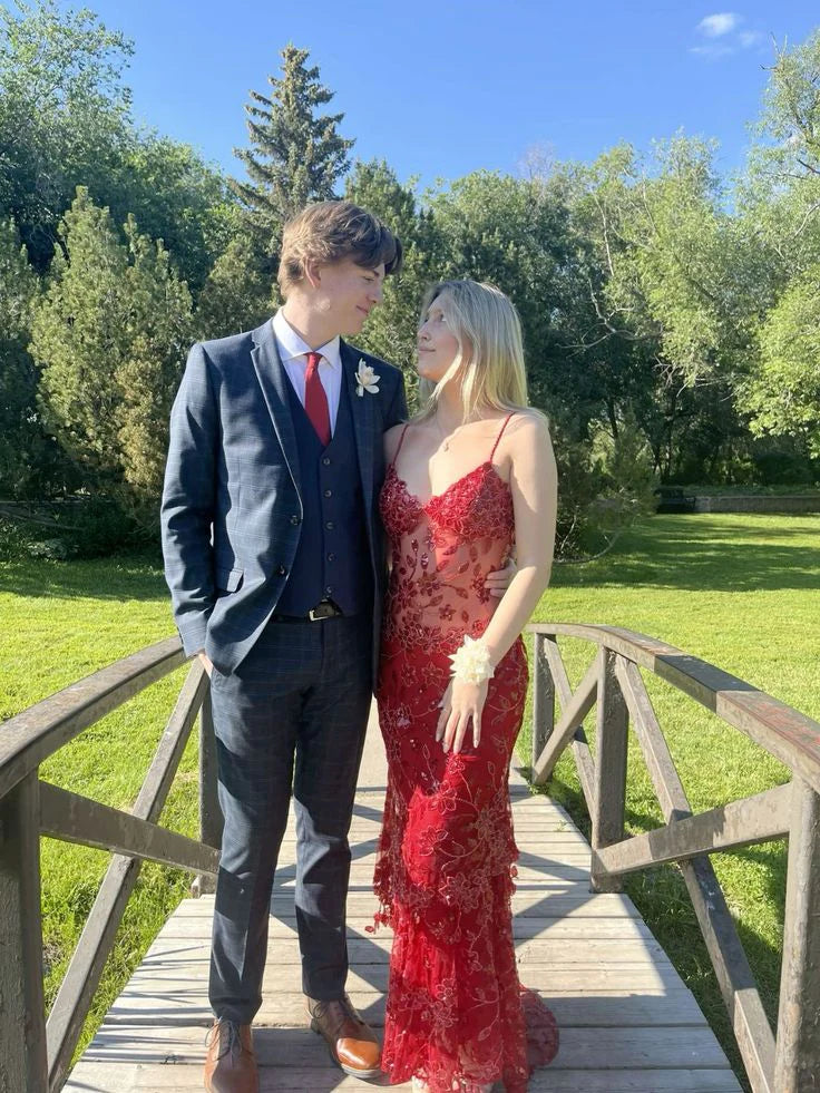 Sexy Red Spaghetti Straps Mermaid Long Party Prom Dress With Beaded Floral Lace Appliques AD847