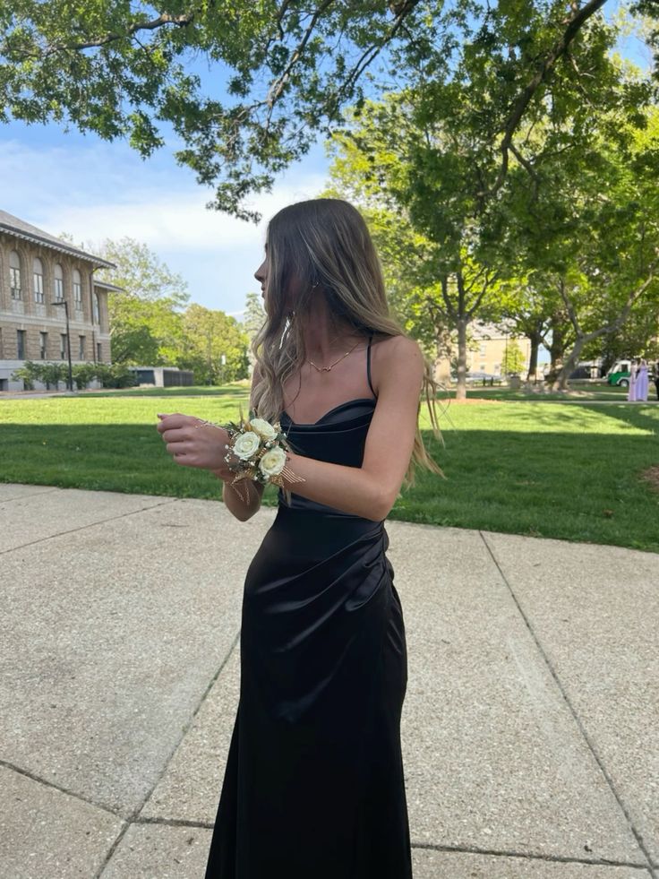 Black Spaghetti Straps Mermaid Satin Simple Long Prom Dress Evening Party Dress AD848