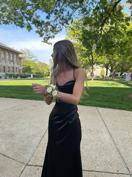 Black Spaghetti Straps Mermaid Satin Simple Long Prom Dress Evening Party Dress AD848