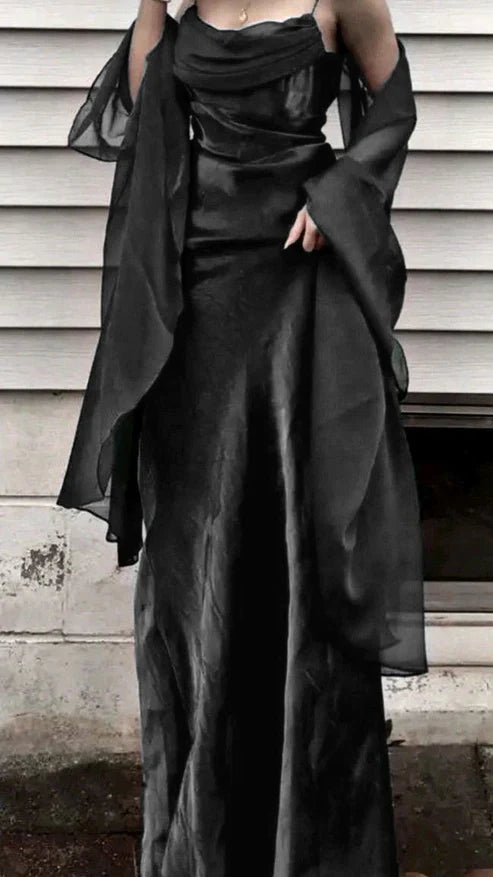 Elegant Burgundy Spaghetti Straps Sheath Prom Dress With Draped Cowl Neck & Flowy Chiffon Cape AD849