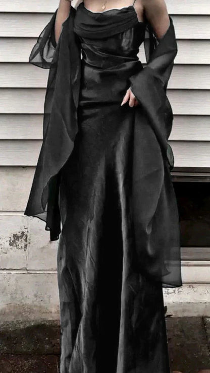 Elegant Burgundy Spaghetti Straps Sheath Prom Dress With Draped Cowl Neck & Flowy Chiffon Cape AD849