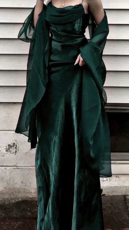 Elegant Burgundy Spaghetti Straps Sheath Prom Dress With Draped Cowl Neck & Flowy Chiffon Cape AD849