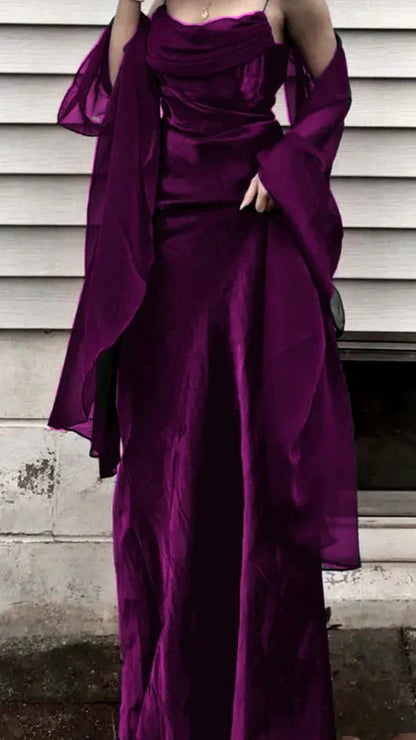 Elegant Burgundy Spaghetti Straps Sheath Prom Dress With Draped Cowl Neck & Flowy Chiffon Cape AD849