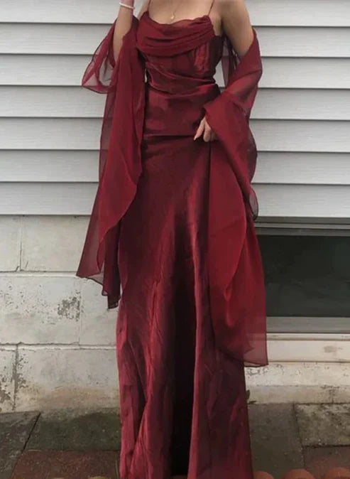Elegant Burgundy Spaghetti Straps Sheath Prom Dress With Draped Cowl Neck & Flowy Chiffon Cape AD849