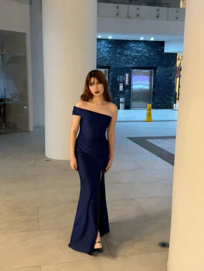 Elegant Navy One Shoulder Mermaid Long Party Prom Dress With Slit AD851