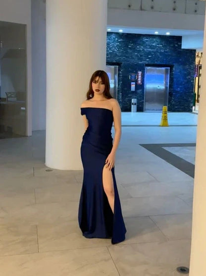 Elegant Navy One Shoulder Mermaid Long Party Prom Dress With Slit AD851