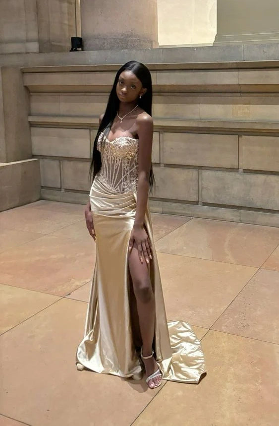 Luxury Champagne Gold Sweatheart Mermaid Prom Dress With Beaded Lace Appliques And High Slit AD854