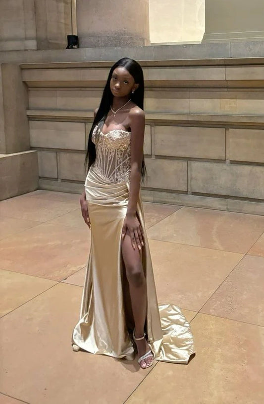 Luxury Champagne Gold Sweatheart Mermaid Prom Dress With Beaded Lace Appliques And High Slit AD854