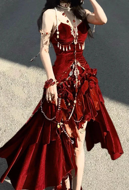 Luxury Burgundy Mermaid High‑Low Spaghetti Straps Prom Dress With Hanging Crystal Bead Chains AD855