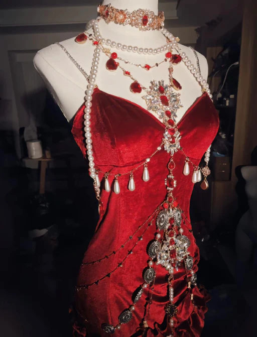 Luxury Burgundy Mermaid High‑Low Spaghetti Straps Prom Dress With Hanging Crystal Bead Chains AD855