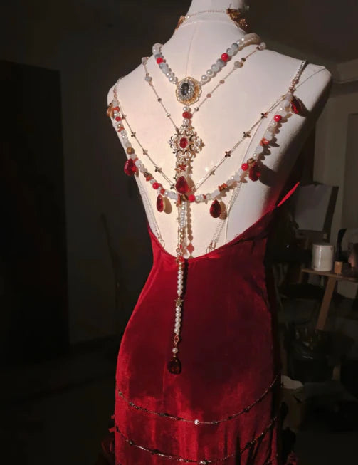 Luxury Burgundy Mermaid High‑Low Spaghetti Straps Prom Dress With Hanging Crystal Bead Chains AD855