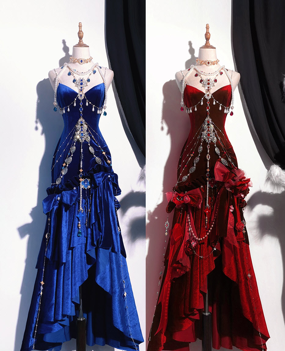 Luxury Burgundy Mermaid High‑Low Spaghetti Straps Prom Dress With Hanging Crystal Bead Chains AD855