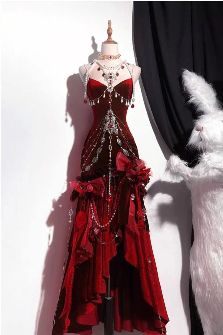 Luxury Burgundy Mermaid High‑Low Spaghetti Straps Prom Dress With Hanging Crystal Bead Chains AD855