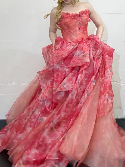 Romantic Floral Print Strapless Ruffle Layered Tulle Ballgown Prom Dress AD856