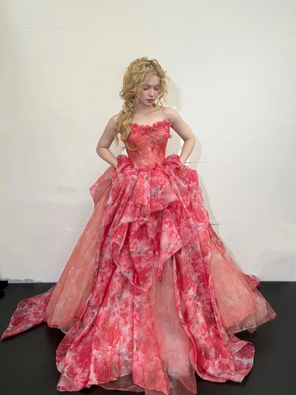 Romantic Floral Print Strapless Ruffle Layered Tulle Ballgown Prom Dress AD856