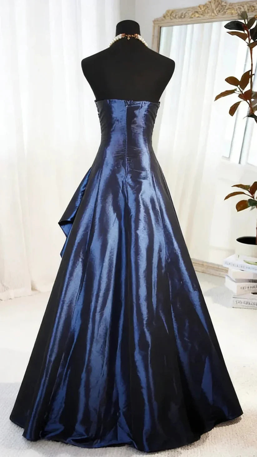 Elegant Navy Strapless A‑Line Prom Dress With Delicate Beaded Appliques AD857