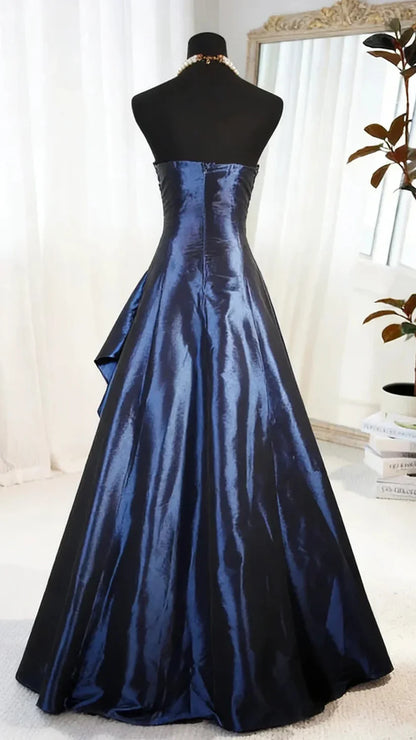 Elegant Navy Strapless A‑Line Prom Dress With Delicate Beaded Appliques AD857