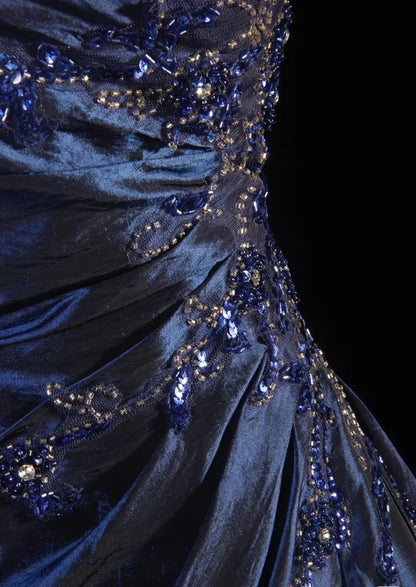 Elegant Navy Strapless A‑Line Prom Dress With Delicate Beaded Appliques AD857