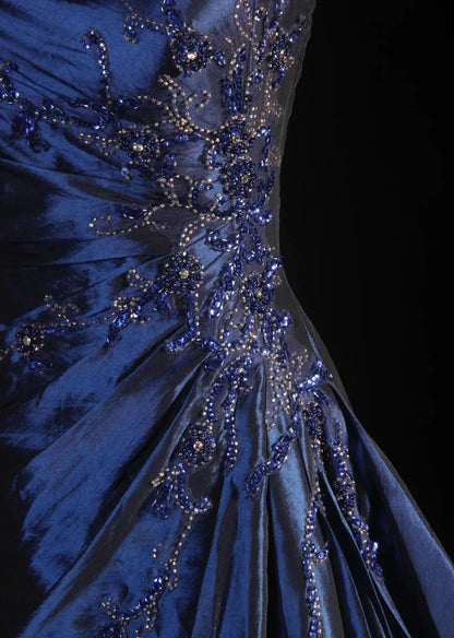 Elegant Navy Strapless A‑Line Prom Dress With Delicate Beaded Appliques AD857