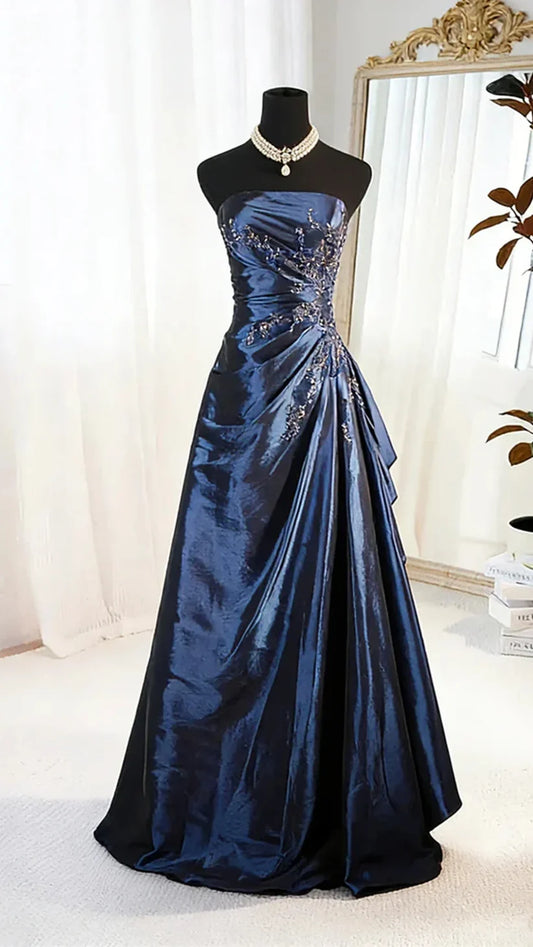Elegant Navy Strapless A‑Line Prom Dress With Delicate Beaded Appliques AD857