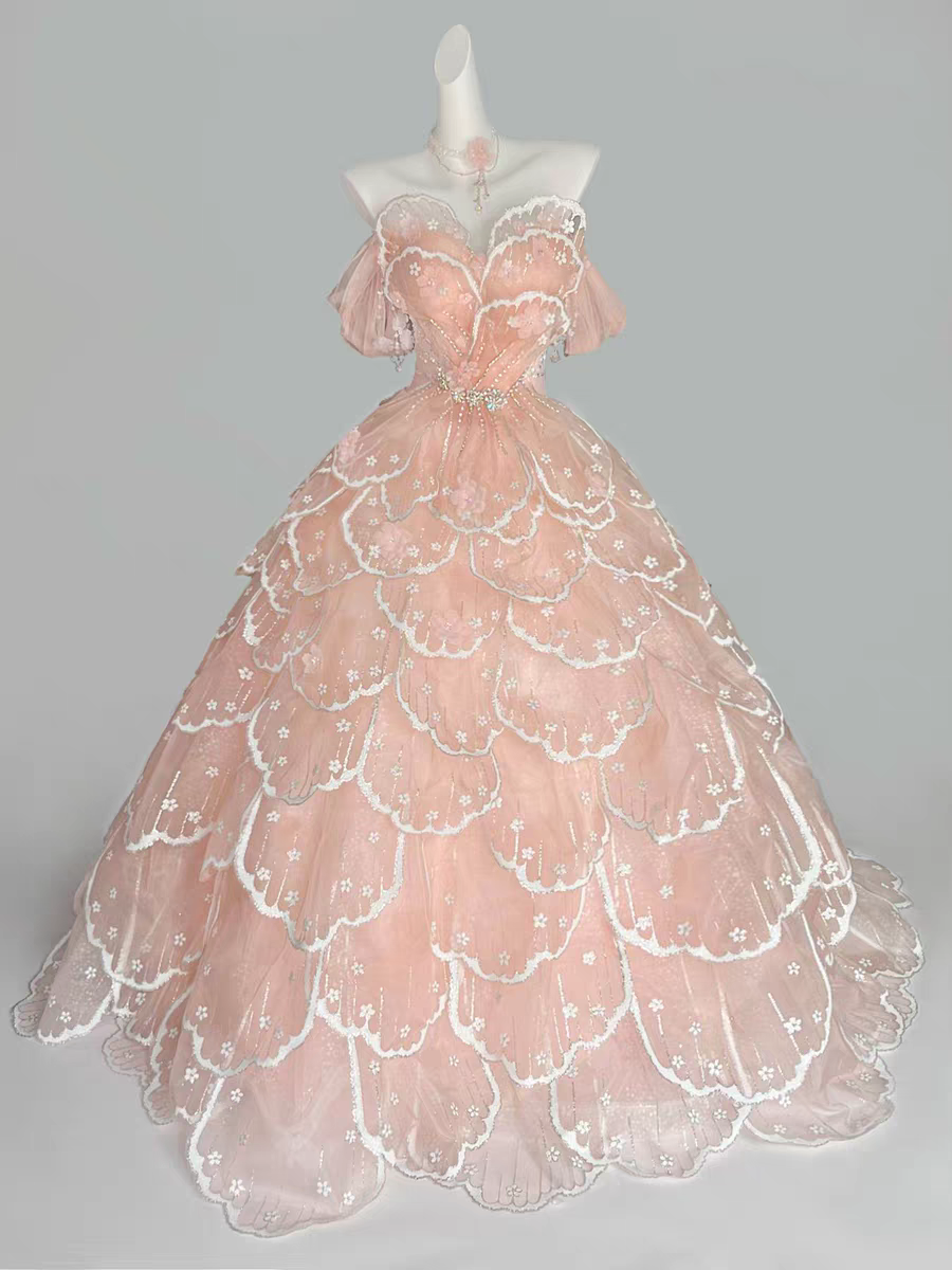 Whimsical Blush‑Pink Off‑Shoulder Ballgown Prom Dress With Beaded Waist Detail And Tiered Petal‑Layered Tulle AD858