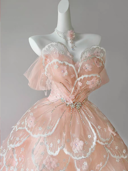 Whimsical Blush‑Pink Off‑Shoulder Ballgown Prom Dress With Beaded Waist Detail And Tiered Petal‑Layered Tulle AD858