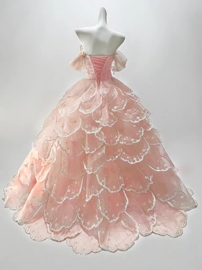 Whimsical Blush‑Pink Off‑Shoulder Ballgown Prom Dress With Beaded Waist Detail And Tiered Petal‑Layered Tulle AD858