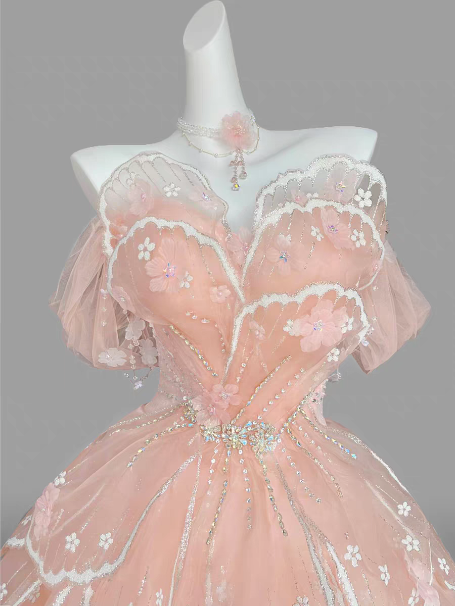 Whimsical Blush‑Pink Off‑Shoulder Ballgown Prom Dress With Beaded Waist Detail And Tiered Petal‑Layered Tulle AD858