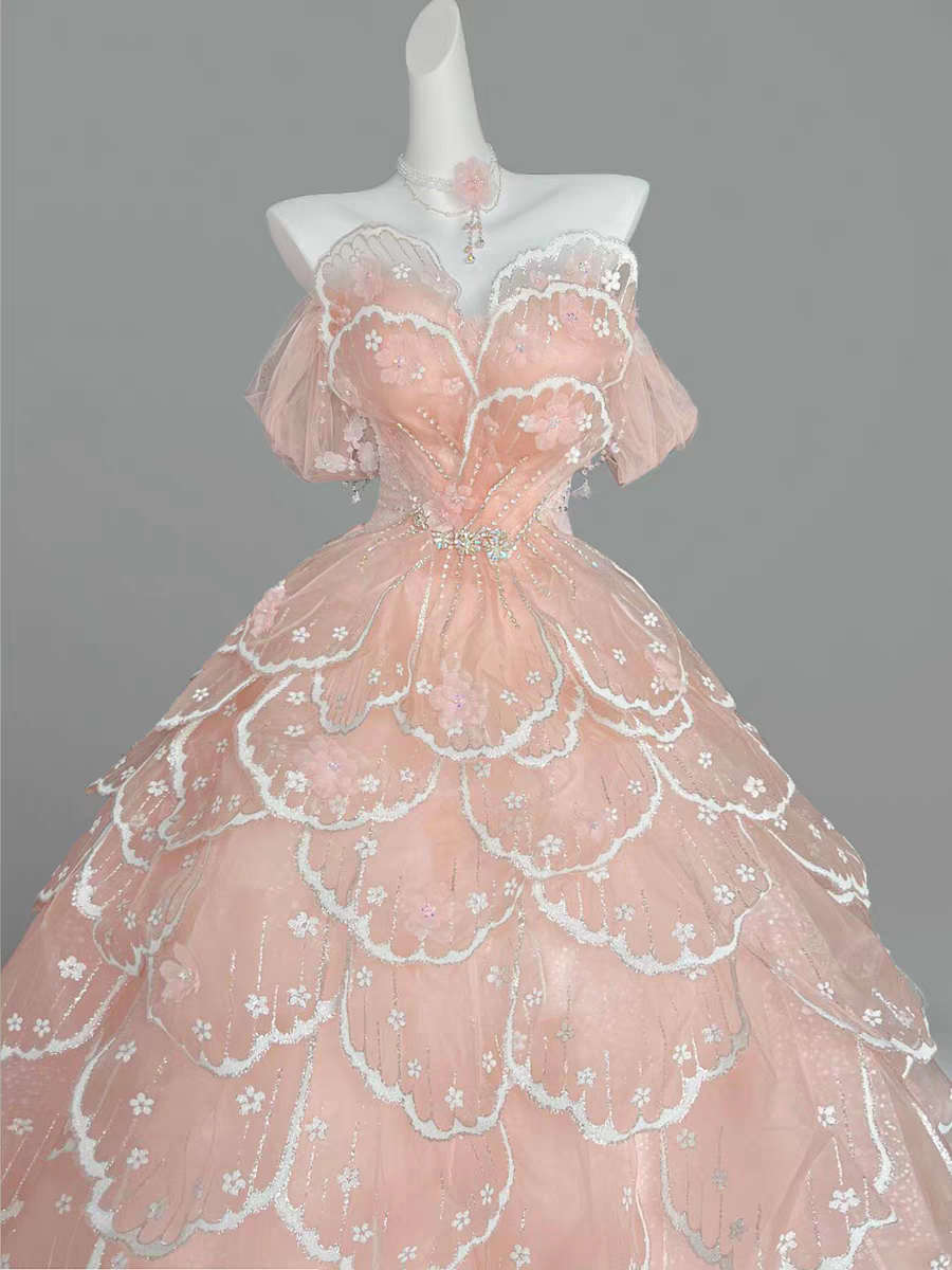 Whimsical Blush‑Pink Off‑Shoulder Ballgown Prom Dress With Beaded Waist Detail And Tiered Petal‑Layered Tulle AD858