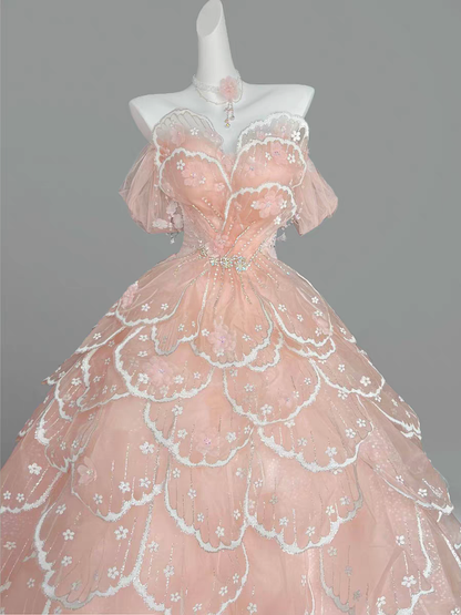 Whimsical Blush‑Pink Off‑Shoulder Ballgown Prom Dress With Beaded Waist Detail And Tiered Petal‑Layered Tulle AD858