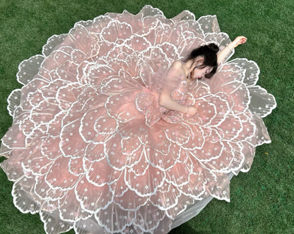 Whimsical Blush‑Pink Off‑Shoulder Ballgown Prom Dress With Beaded Waist Detail And Tiered Petal‑Layered Tulle AD858