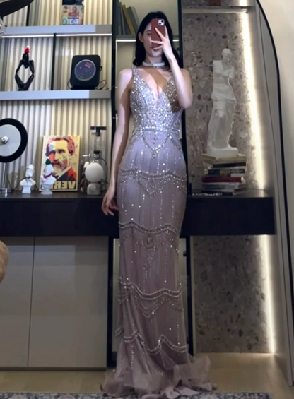Luxurious Lilac V-Neck Straps Beaded Mermaid Prom Dress AD859
