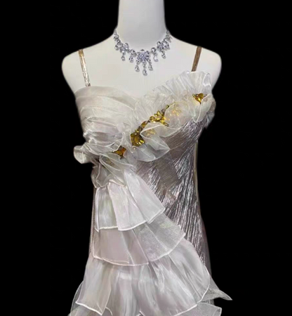 Luminous Iridescent Spaghetti Straps Mermaid Prom Dress With Asymmetric Ruffle Detail & Gold Accents AD861