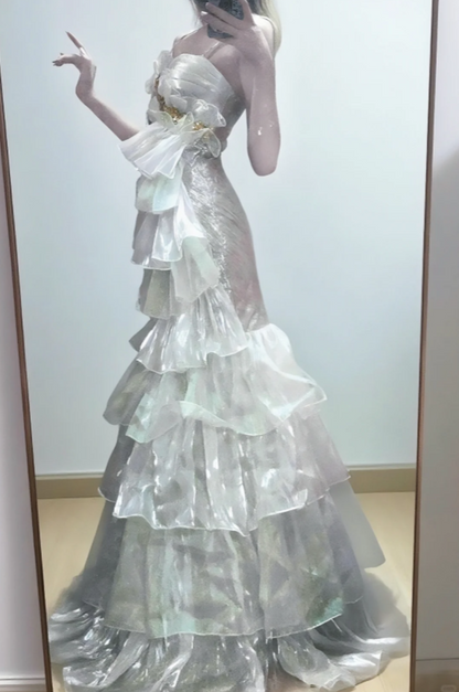 Luminous Iridescent Spaghetti Straps Mermaid Prom Dress With Asymmetric Ruffle Detail & Gold Accents AD861