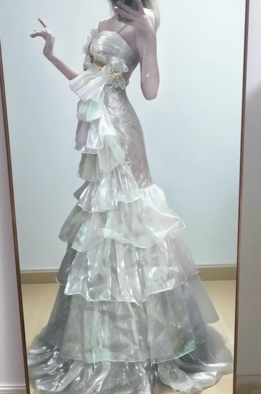 Luminous Iridescent Spaghetti Straps Mermaid Prom Dress With Asymmetric Ruffle Detail & Gold Accents AD861