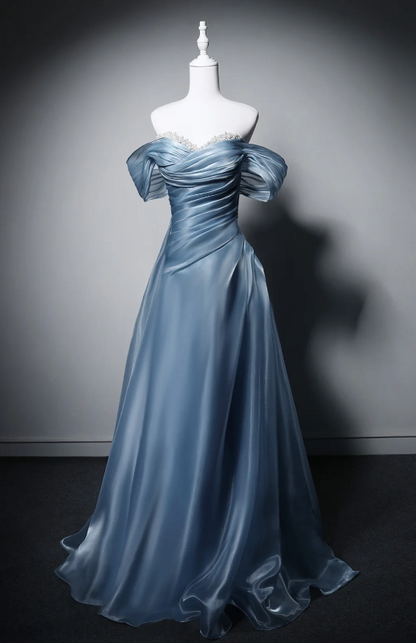 Regal Blue Off-The-Shoulder A Line Prom Dress With Ruched Bodice & Beaded Neckline AD862
