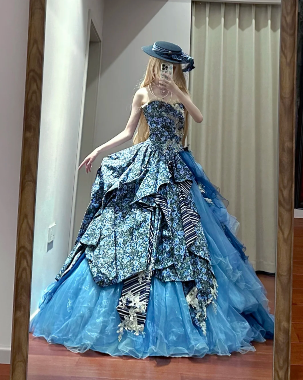 Opulent Blue Floral Strapless Ball Gown Prom Dress With Layered Tulle Skirt & Vintage Details AD863