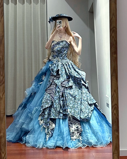 Opulent Blue Floral Strapless Ball Gown Prom Dress With Layered Tulle Skirt & Vintage Details AD863
